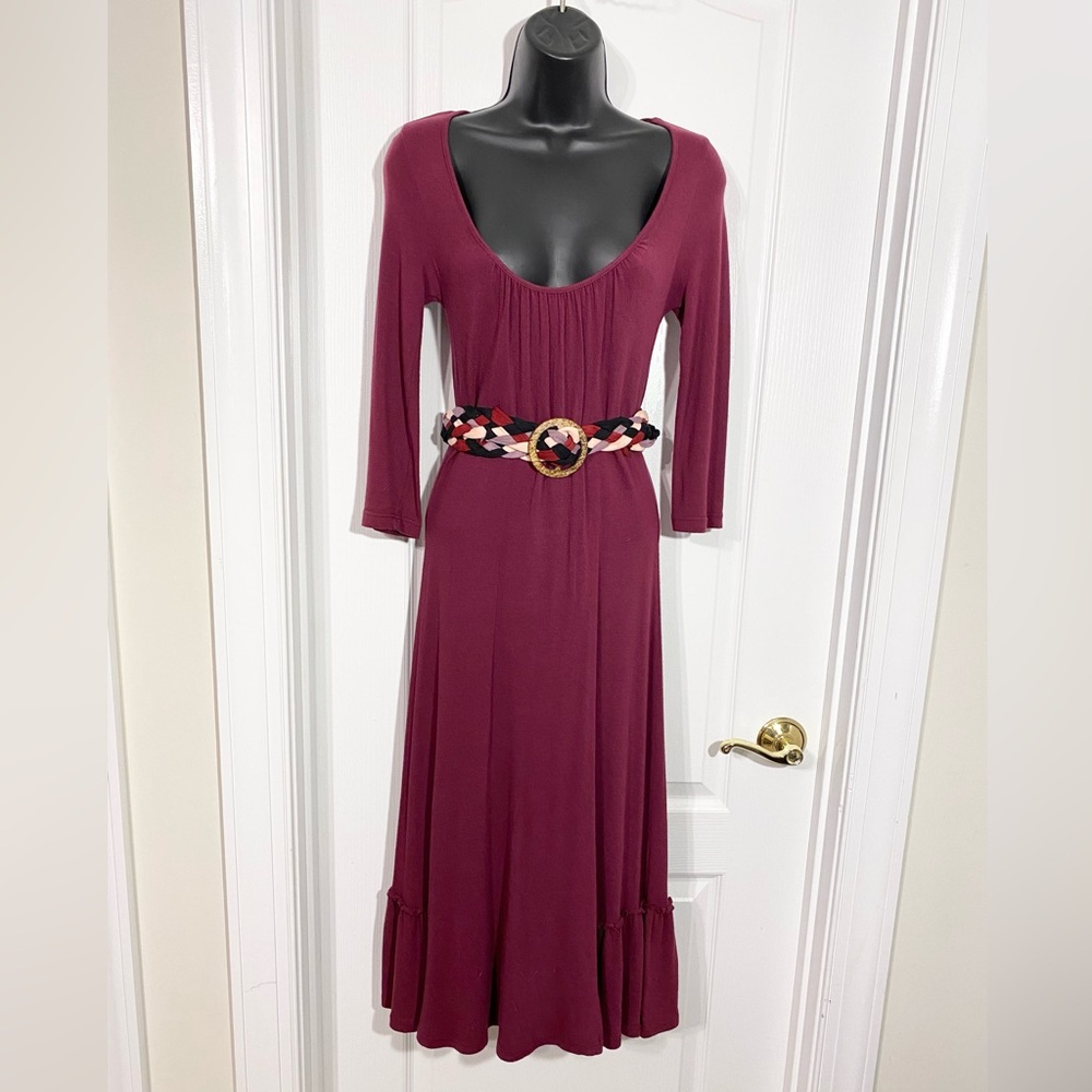 Y2K Anthro Ella Moss Ruffle Hem Knit Maxi Dress Braided Belt USA MADE Purple XS
